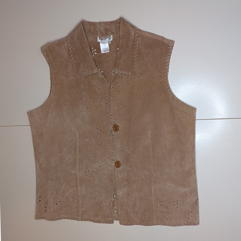 Coldwater Creek Leather Vest Women's L‎ Suede Perforated Floral Sleeveless Top